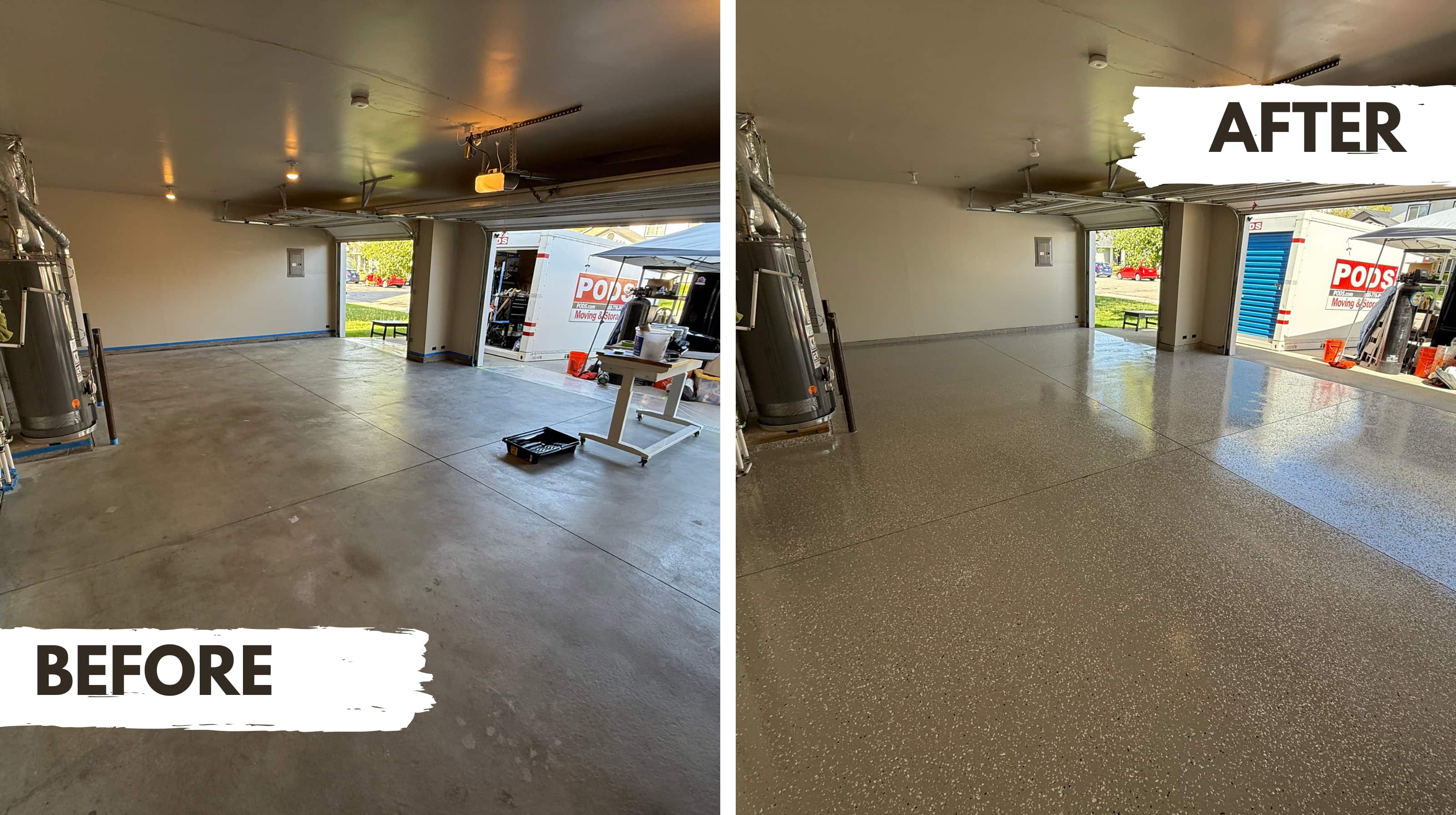 Epoxy garage floor before and after transformation