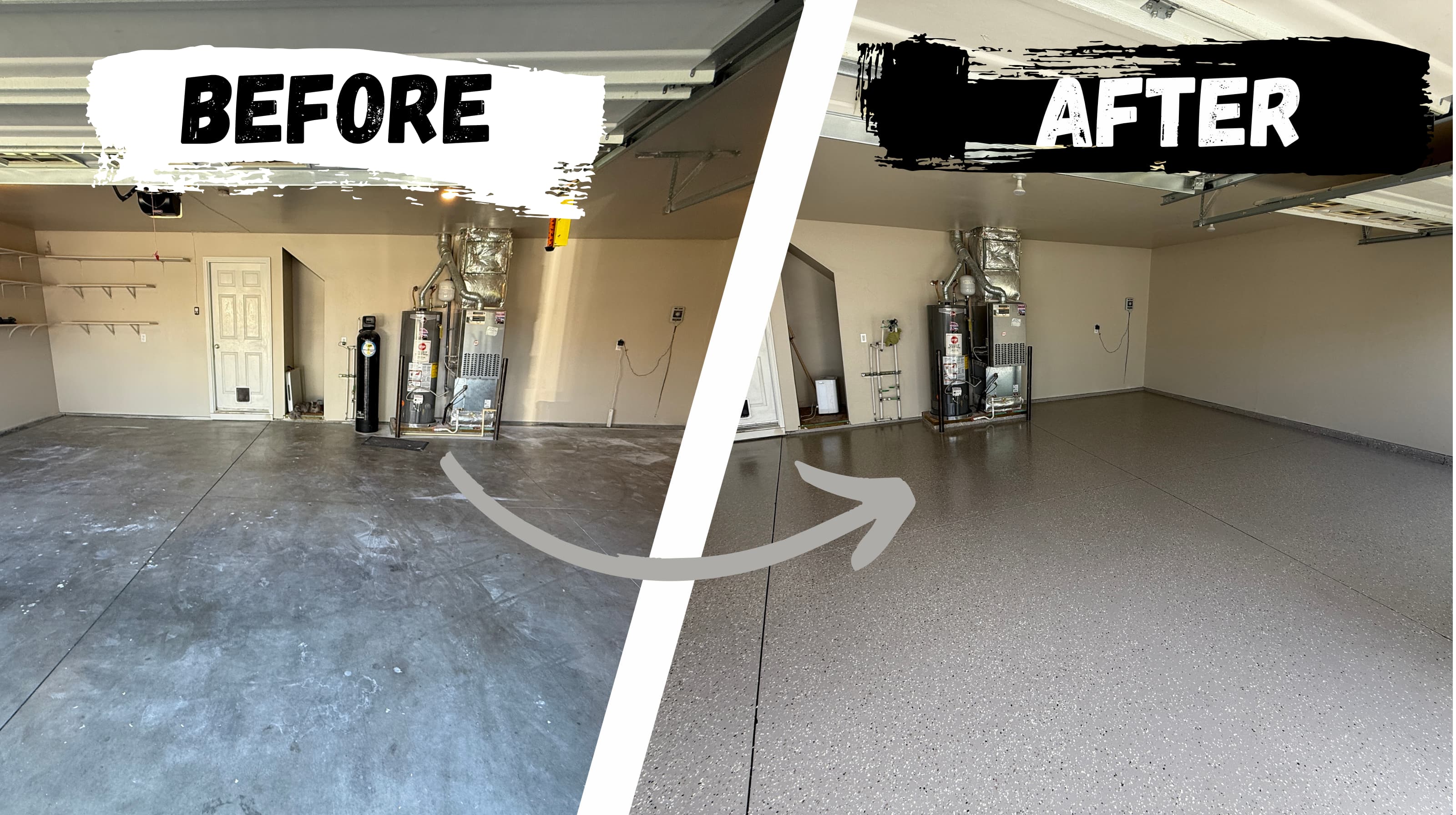 Side-by-side before and after of a Boise garage floor coated with Tile-Clad epoxy